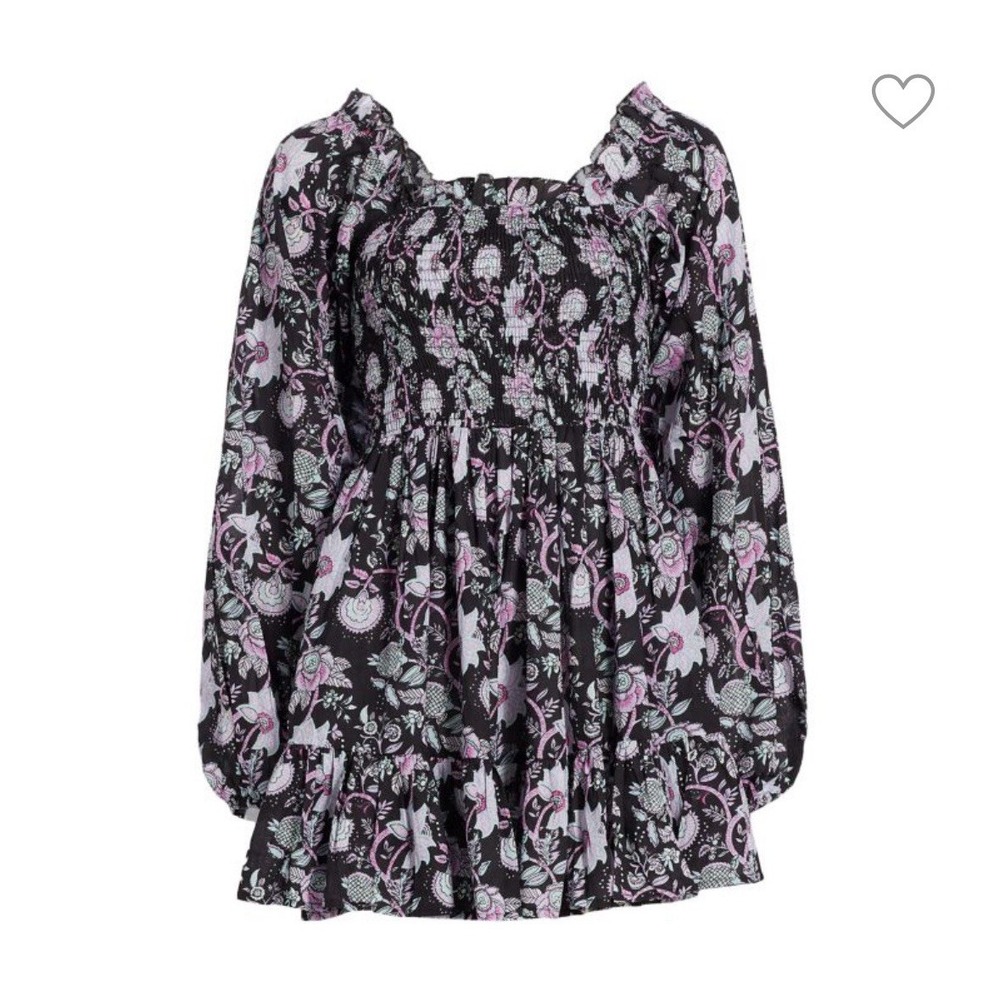 Mille Smocked‎ Babydoll Mini Dress Sz S Milkmaid Puff Sleeve Black Floral NWT